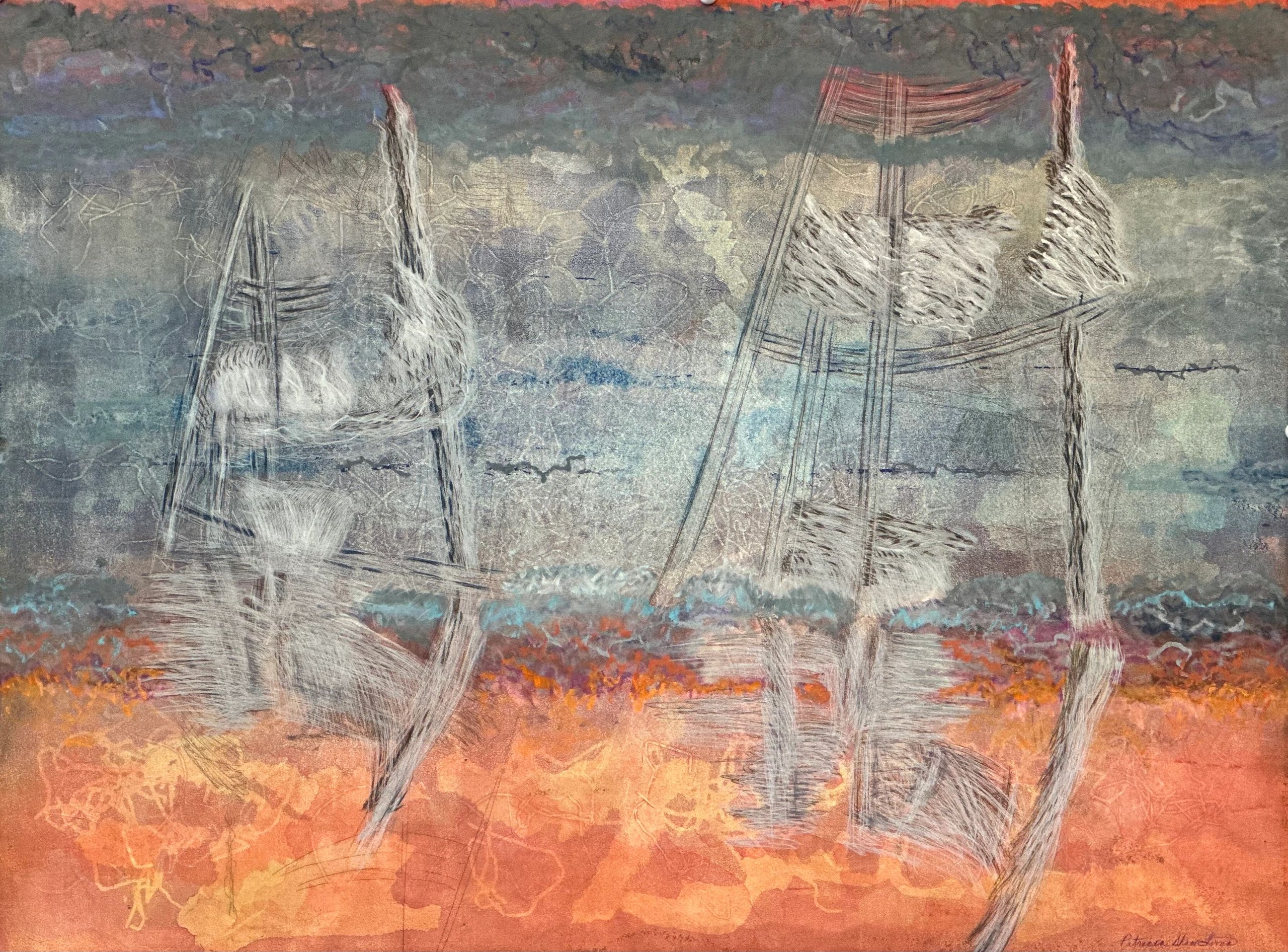 Ghost Ships is an original monotype artwork with two ghostly ships in a colorful seascape.