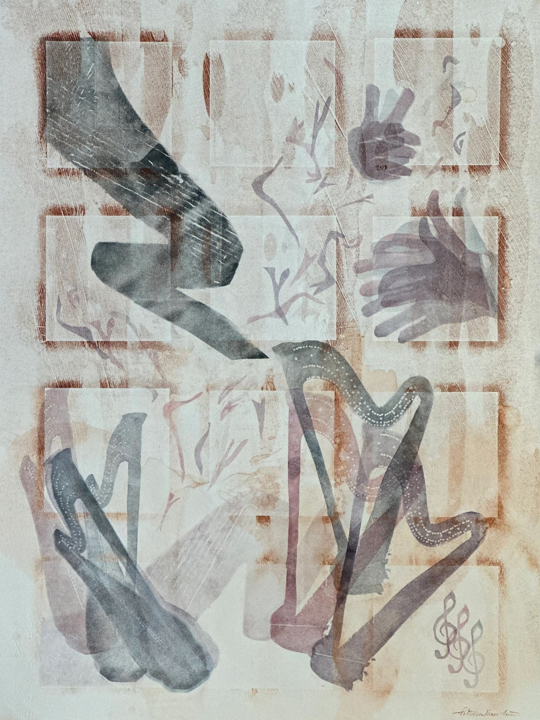 Music of the Soul, an original artwork with harps and musical elements on a grid background