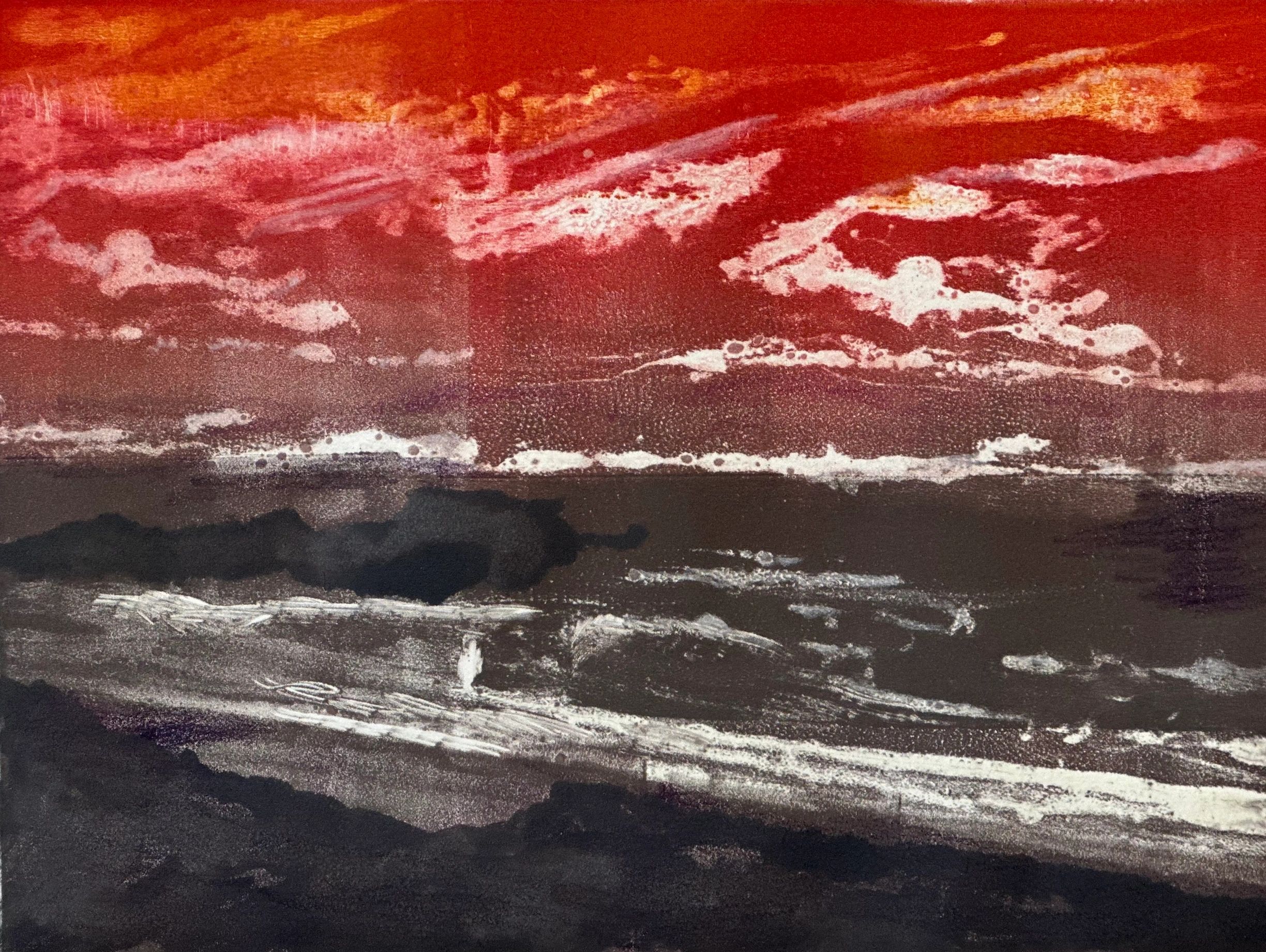 artwork of a solitary figure walking on a sunlit beach