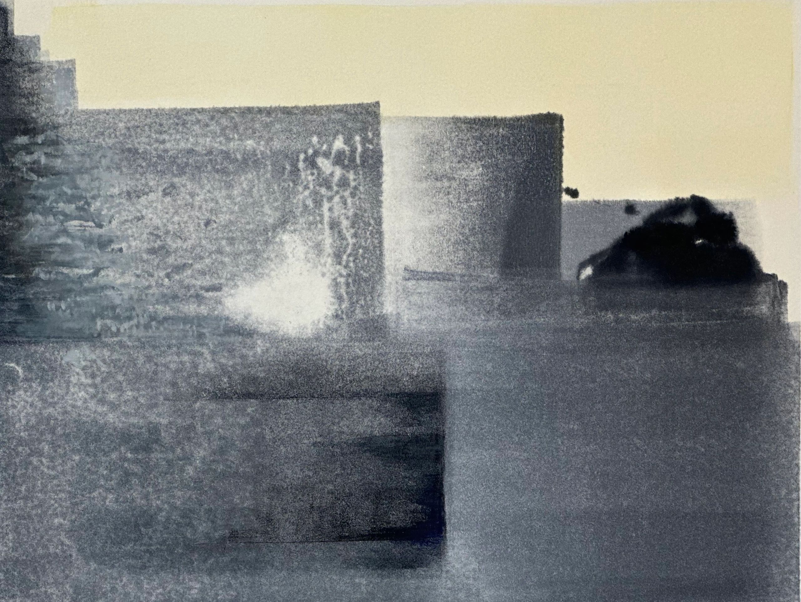 Abstract art of gray silo shapes against a yellow background