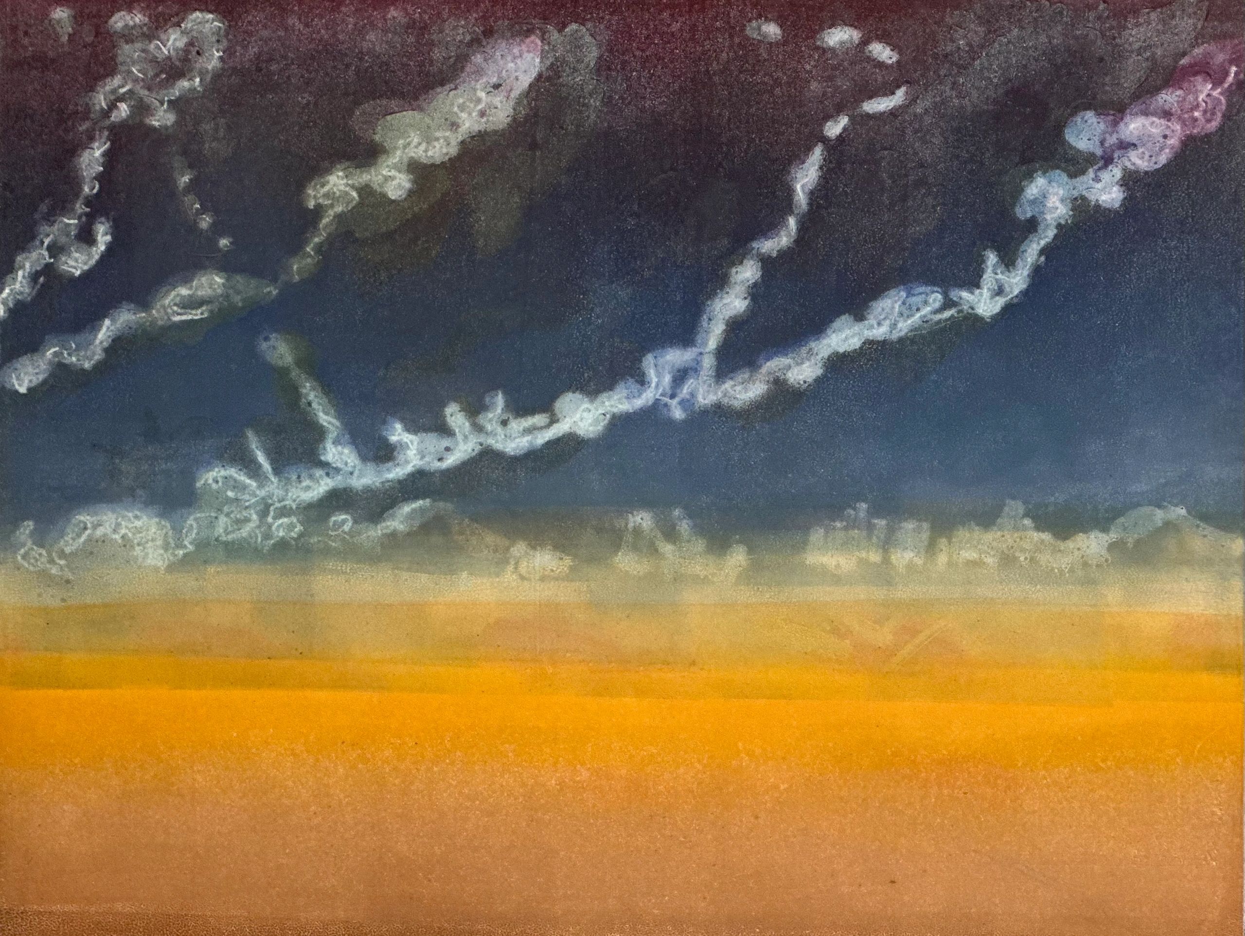 artwork with dramatic cloudy sky and orange, hazy horizon