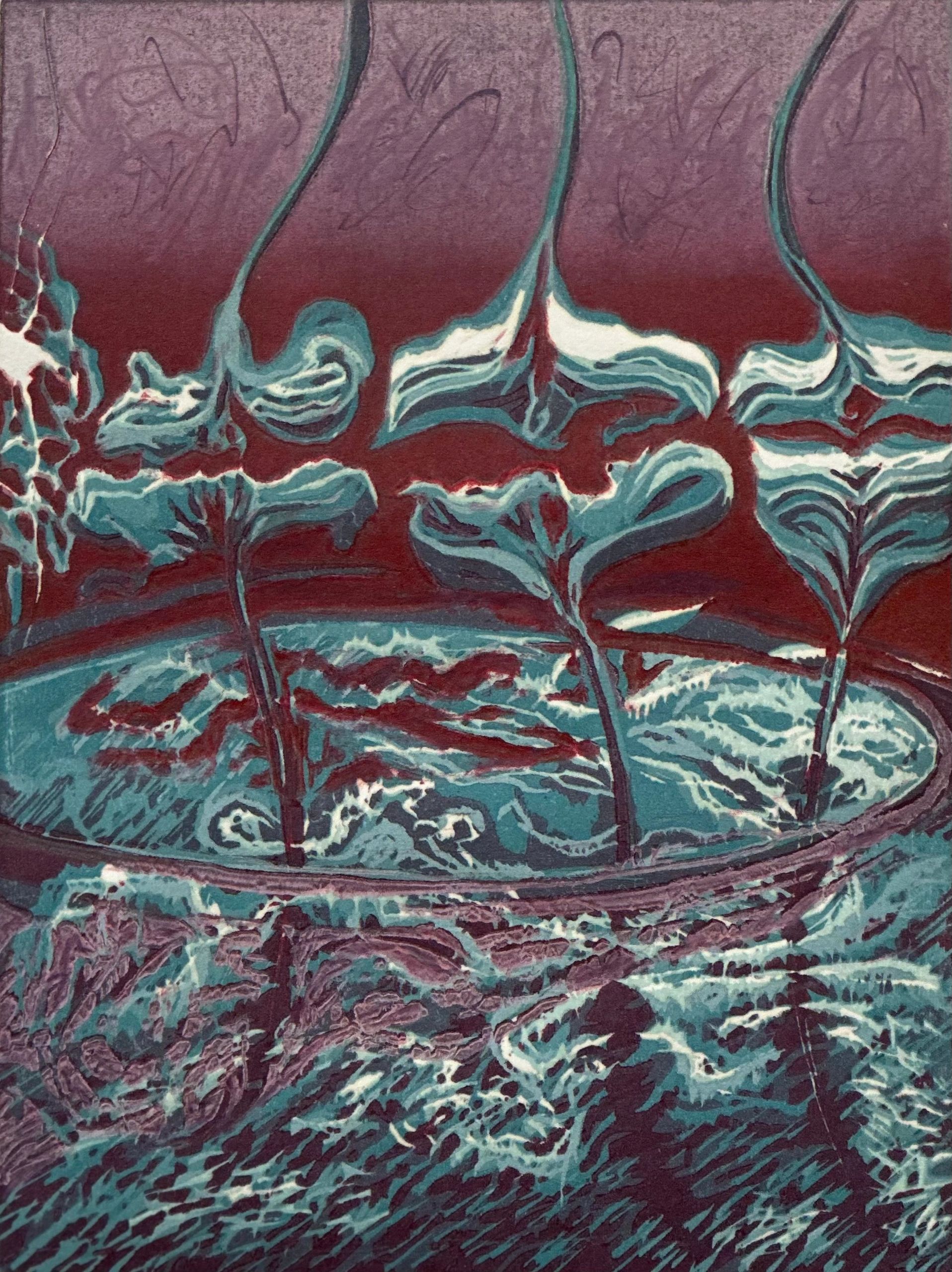 Abstract woodcut with flower shapes in turbulent water