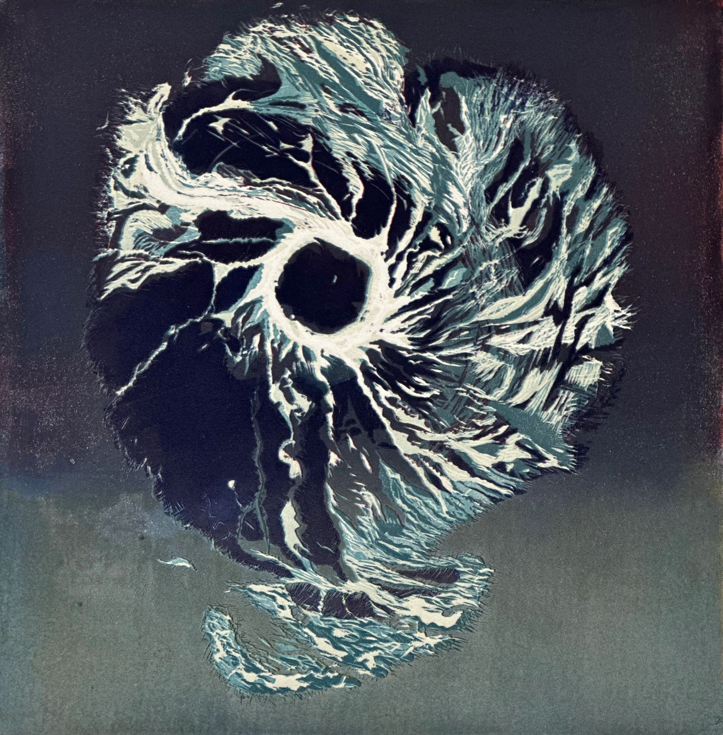 abstract artwork of a fan shape in blues and purples