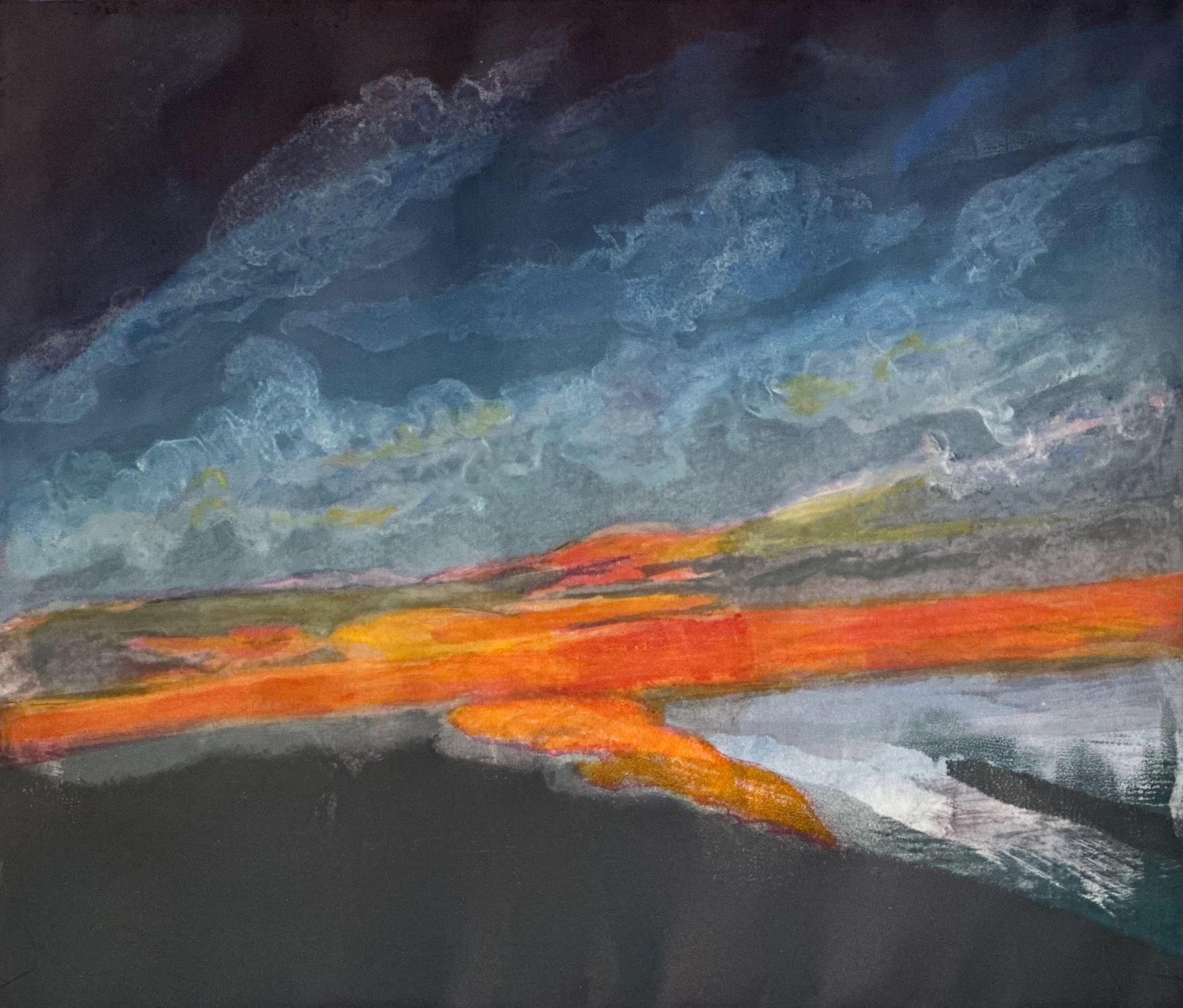 Cloud Base is a layered monotype work of art on paper featuring a dramatic landscape