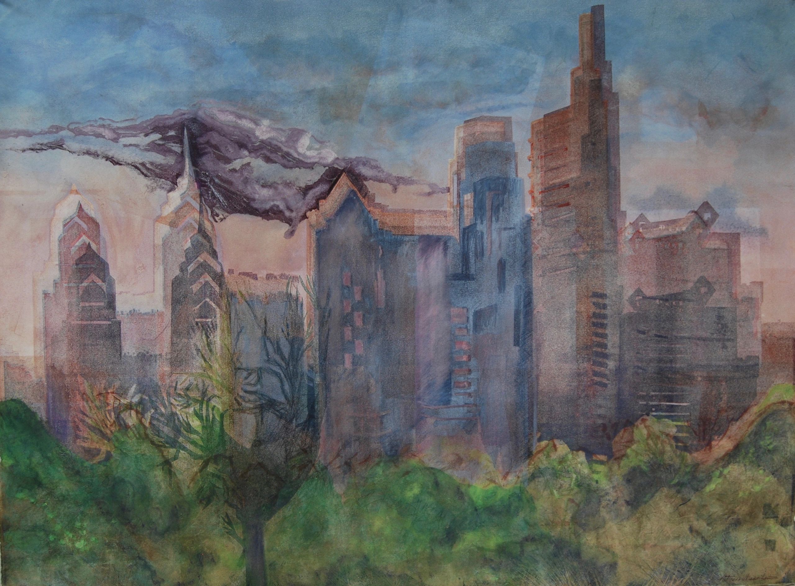 Magenta Morning; Philadelphia skyline with soft dreamlike colors; printmaking, monotype, art