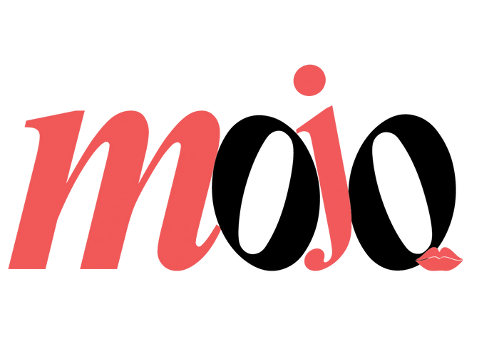 Stylized word 'mojo' with a kiss mark on the last letter 'o'.