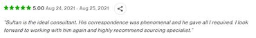 Five-star review praising Sultan as an ideal consultant with phenomenal correspondence.