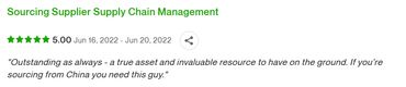 Positive review praising sourcing supplier's value and expertise in China.