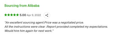 Five-star review praising clear instructions and fair price from Alibaba sourcing agent.