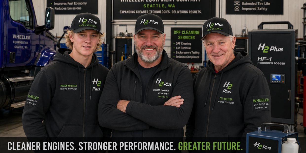 Three men in H2 Plus branded clothing promoting cleaner engine technology.