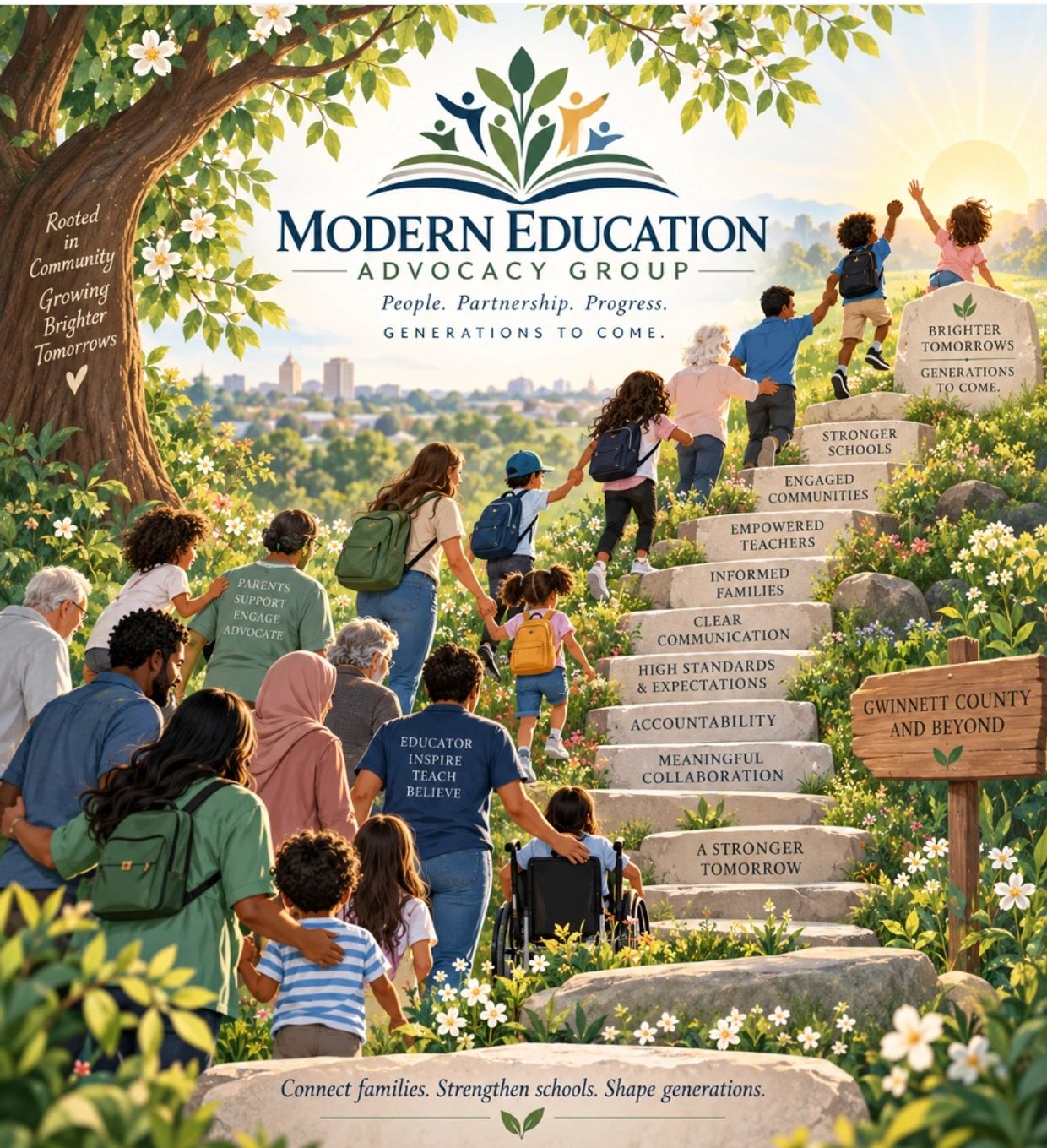 Families and educators walking up steps symbolizing educational progress and community support.