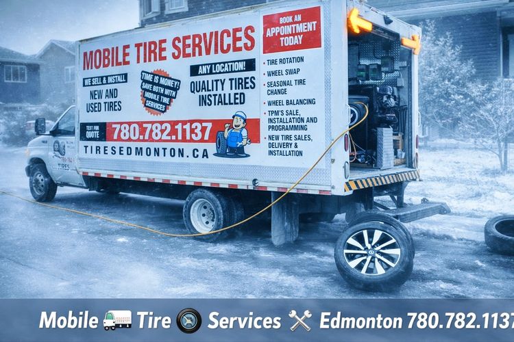 Mobile tire services truck in Edmonton on-location tire installation, seasonal tire change services