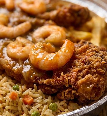 Long Ave BBQ Chicken Cubes w Shrimp platter at Long Ave BBQ, Hillside NJ