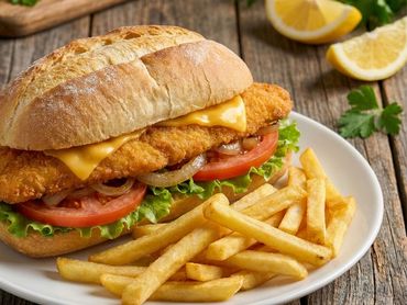 Crispy crafted fish fillet sandwich on fresh artisan bread at Long Ave BBQ, Hillside NJ