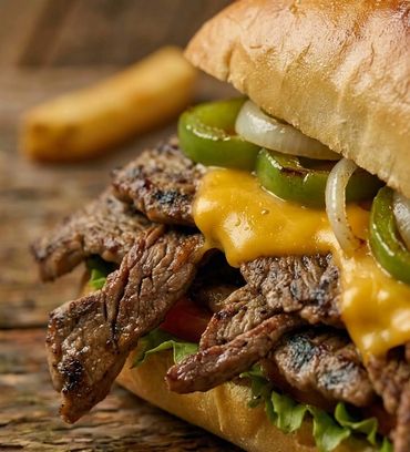 Portuguese steak sandwich on crusty artisan bread at Long Ave BBQ-HIllside-NJ