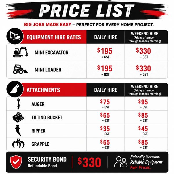 Equipment and attachment hire prices with daily and weekend rates.