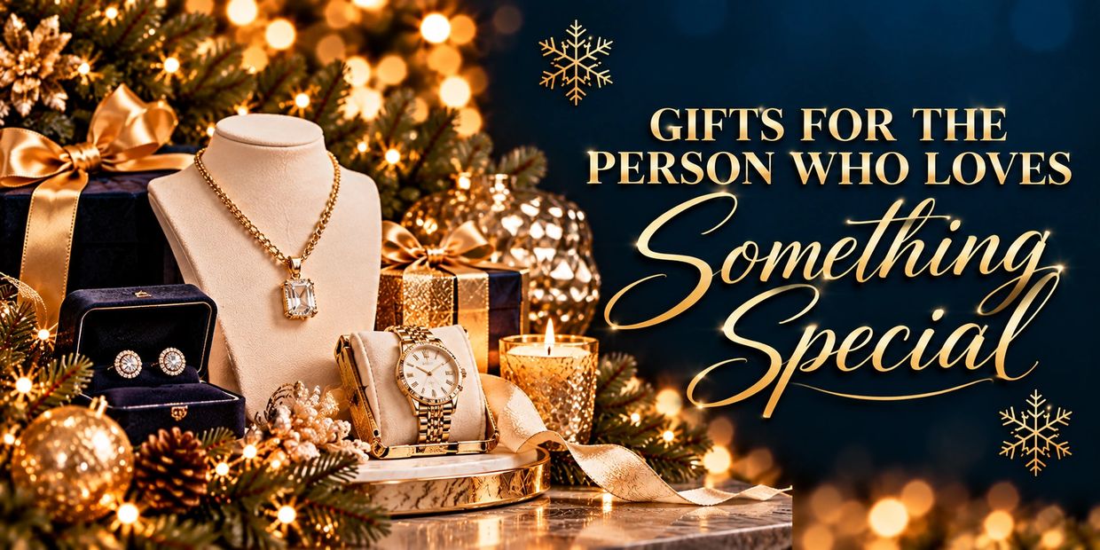 Elegant gold jewelry and watches with holiday decorations and gift boxes.
