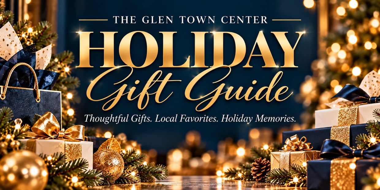 Holiday gift guide with festive wrapped presents and decorations.