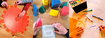 Triptyque de photos montrant un jeu de conjugaison, une activité avec les solides et une leçon.