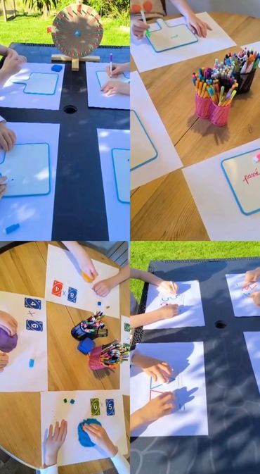 Collage de 4 photos : Matériel pédagogique sur une table : cartes, pâte à modeler, ardoises, crayons