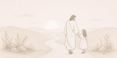 Illustration of Jesus walking hand-in-hand with a young girl along a winding path at sunrise.