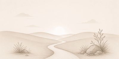 Minimalist landscape with winding path under a soft sunrise.
