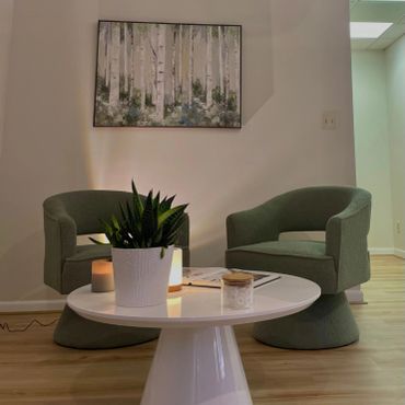 The Skin Tune relaxing spa lounge seating area in Ramsey NJ.
