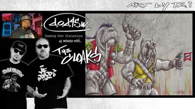 Podcast cover featuring The Cloaks with illustrated dogs.