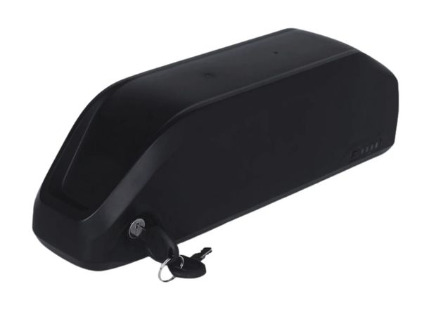 Black electric bike battery with keys inserted.
