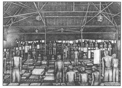 Inside a men’s internment camp in Semarang. Drawing: 
Andreas de Hoog. Source: Het Geheugen museum.