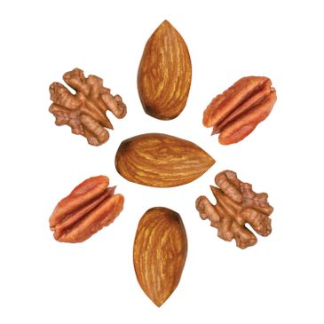 Walnuts, almonds, and pecans on a white background