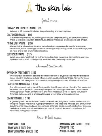 The Skin Lab facial and brow menu with detailed treatments and prices.