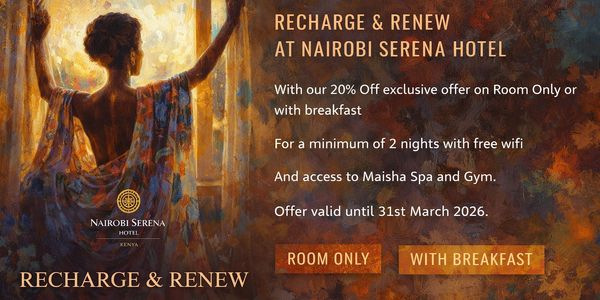 Nairobi Serena Hotel offers 20% off with spa, gym access, and breakfast option.