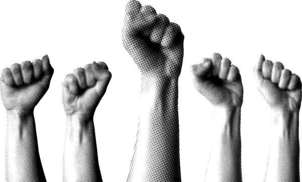 5 arms held aloft in a retro style