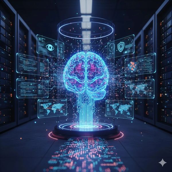 Holographic brain surrounded by digital data in a futuristic server room.