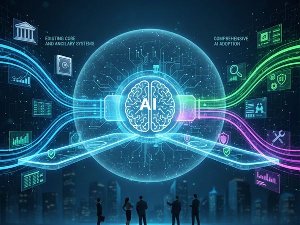 Business people observing AI integration with core systems and AI adoption.