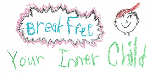 Crayon inner child healing retreat text includes the face of a boy drawn by the non-dominant hand
