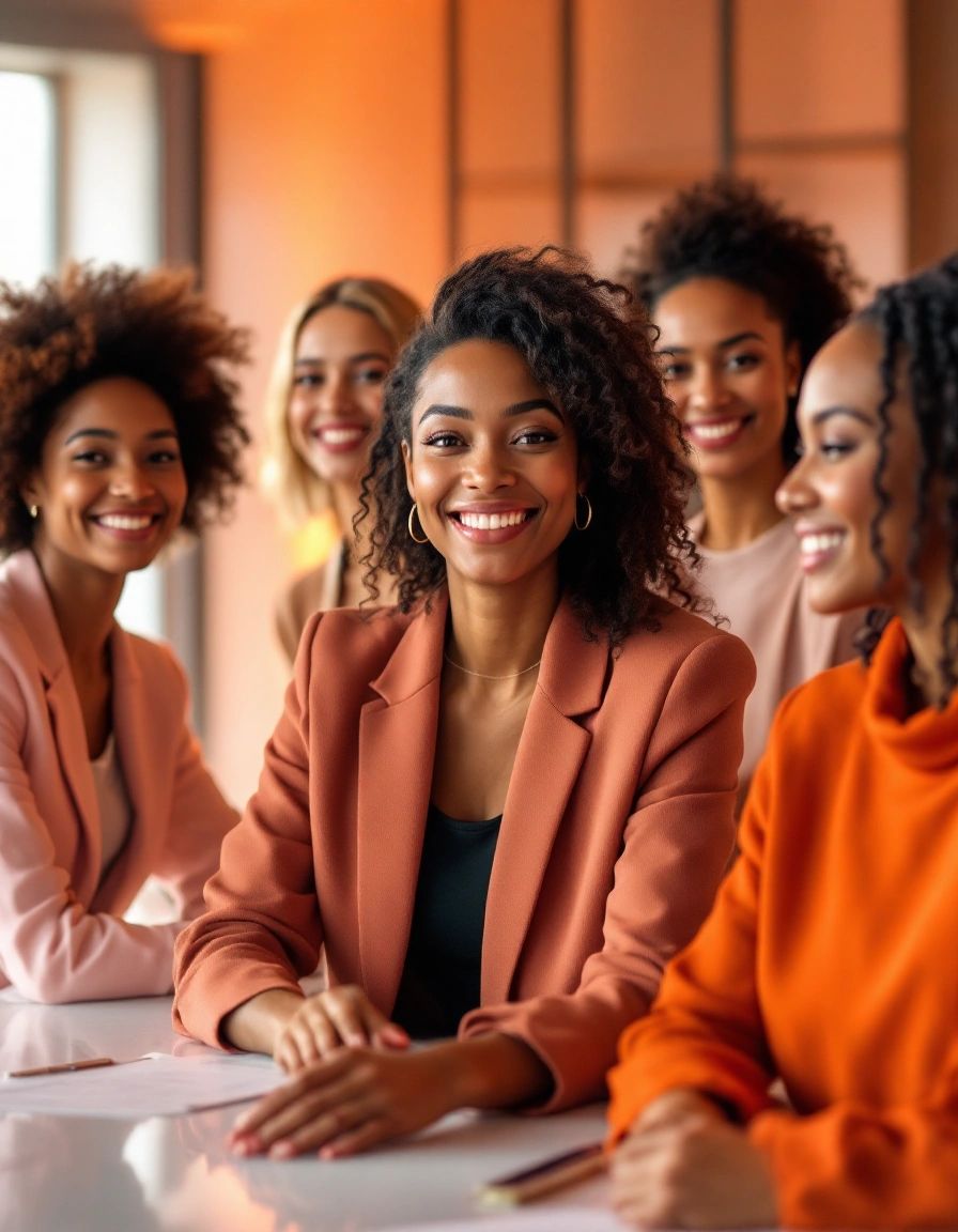 Diverse professional women leaders, confident, warm, inspirational lighting, and empowerment.