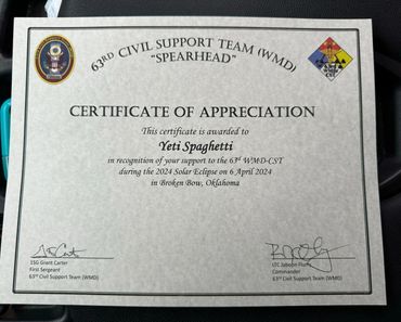 Certificate of Appreciation awarded to Yeti Spaghetti for support during the 2024 Solar Eclipse.