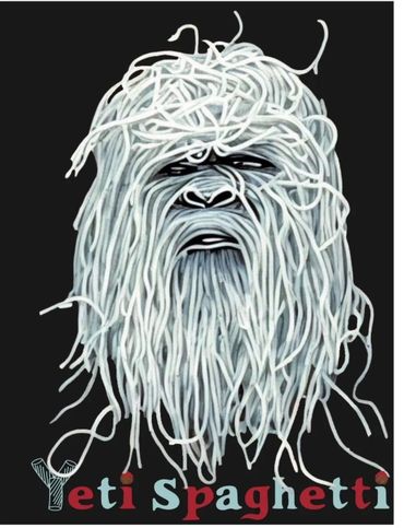 Yeti made of spaghetti noodles with text 'Yeti Spaghetti'.