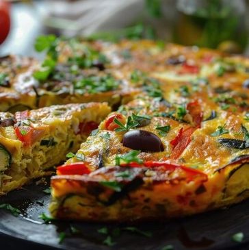 A vegetable frittata garnished with herbs and olives on a black plate.