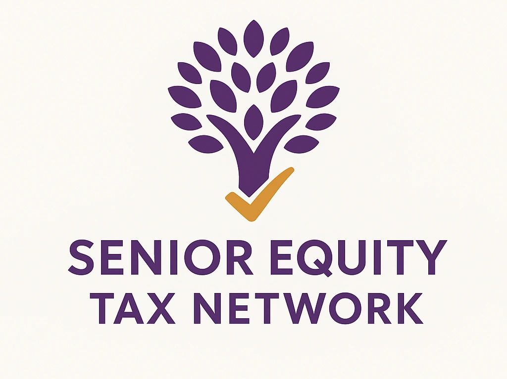 Logo of Senior Equity Tax Network with a tree and check mark.