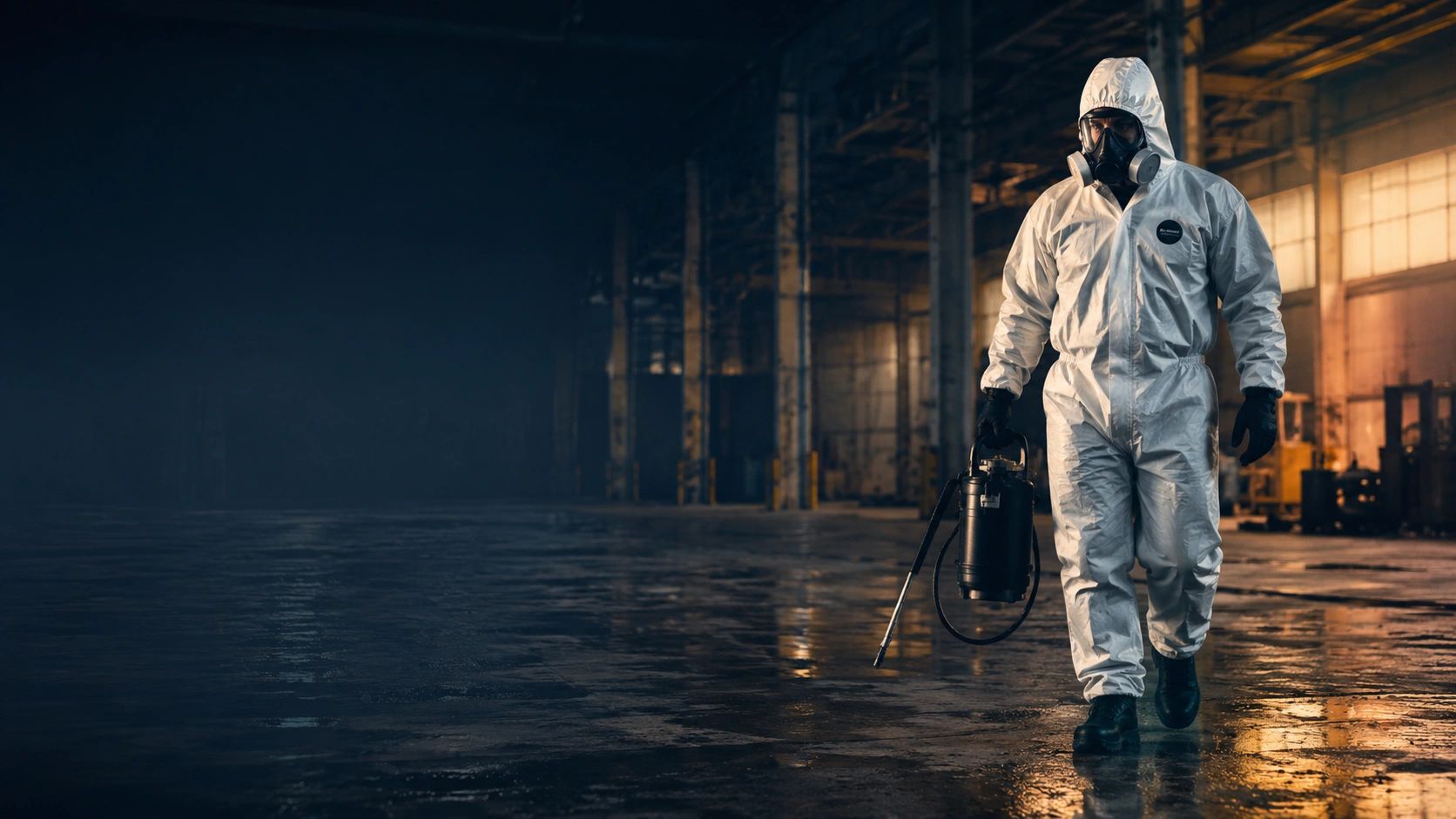 Hazardous remediation technician in protective suit working inside a damaged industrial space.