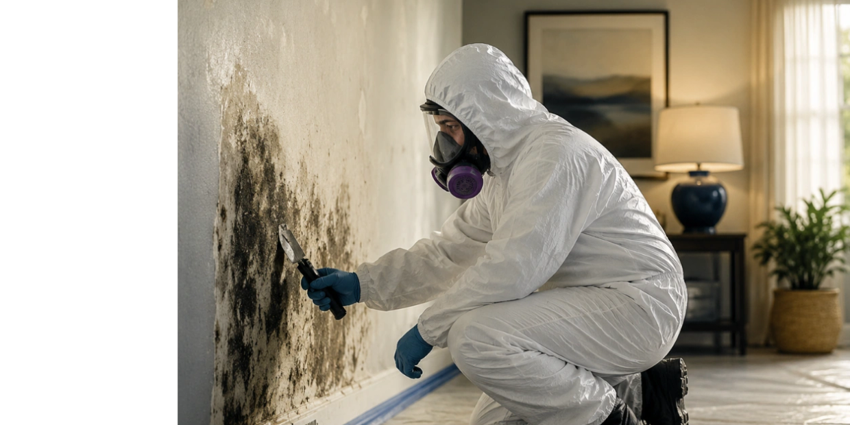 Remediation technician in protective gear inspecting mold damage inside a residential property.
