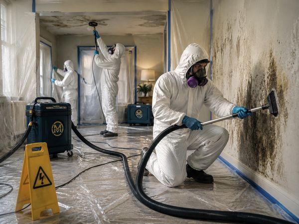 Hazardous remediation crew using protective equipment to clean and restore a contaminated indoor spa