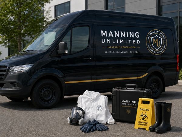 Manning Unlimited branded service van with protective equipment, respirator, gloves, boots, and haza