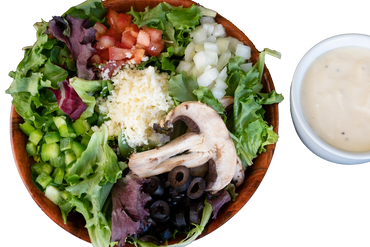 Garden Salad- Fresh mixed greens, green peppers, tomatoes, onions, black olives, mushrooms, croutons