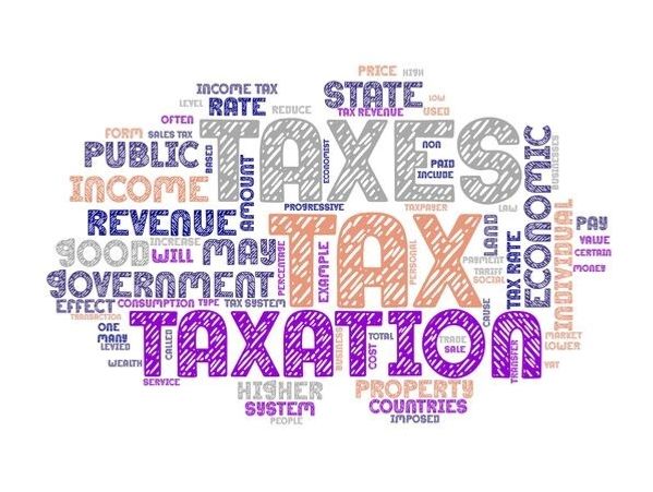 Word cloud centered on taxation, taxes, and government revenue.