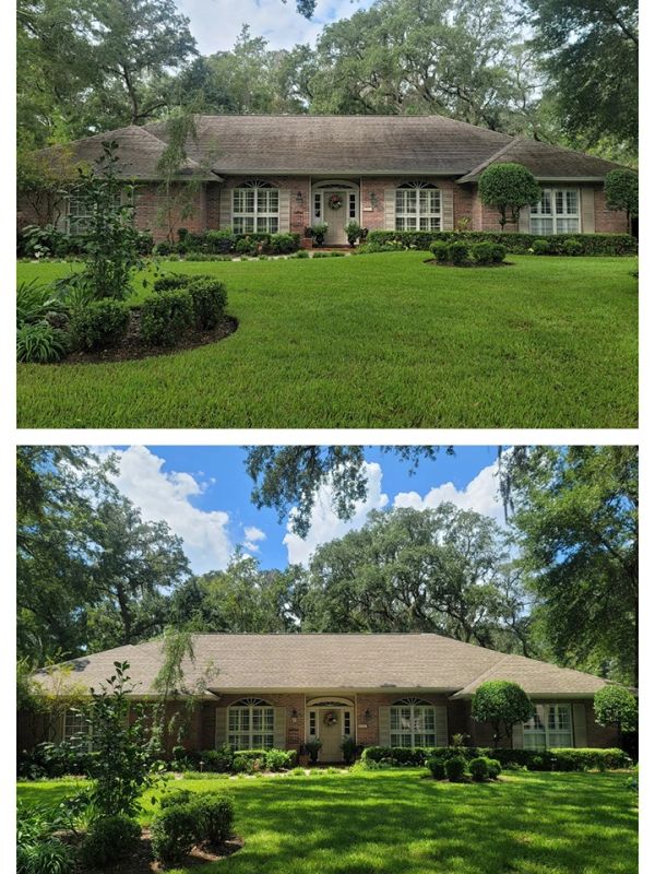Before and after photos of a brick house's front yard.