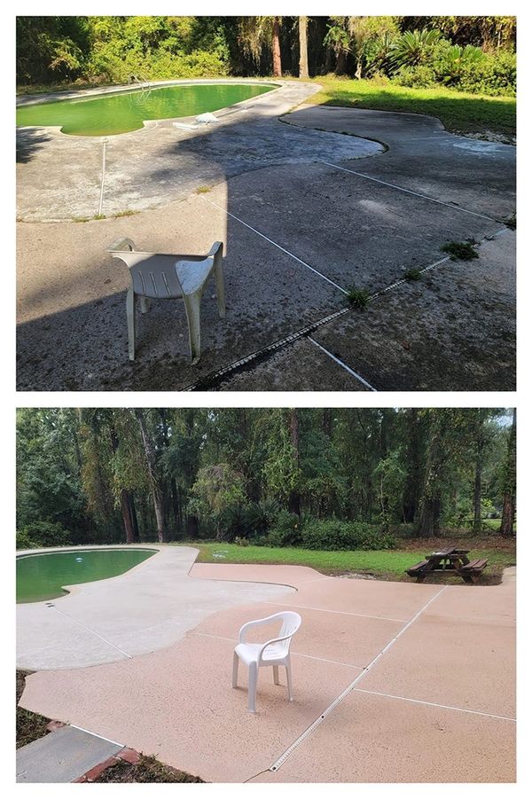 Before and after pool area cleaning and repainting.